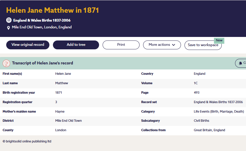 Civil Birth Record Helen Jane Matthew Q3 1871
